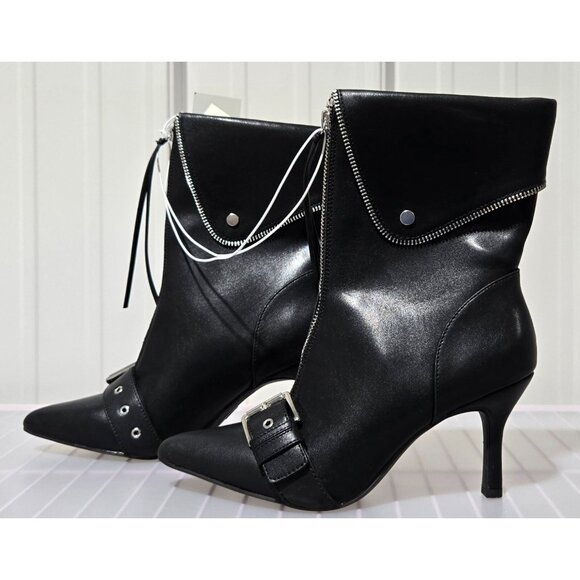 A New Day Mickey Women's Black Faux Leather Point Toe Moto Ankle Boots - Picture 2 of 7